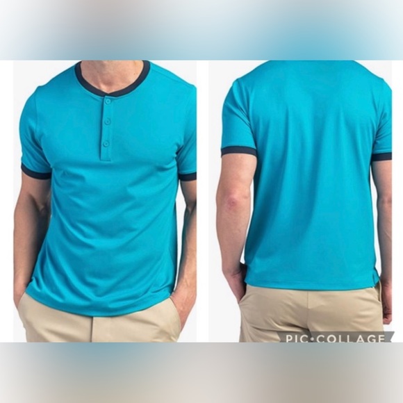 ** RHÔNE Blue Ringer Henley Shirt - Picture 1 of 10